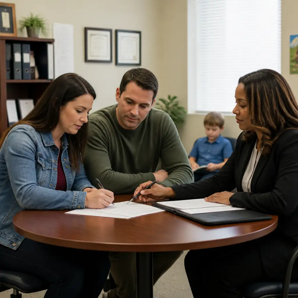 Three adults at table signing documents, child seated in background