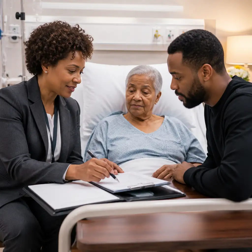 Older woman in hospital bed with two people signing