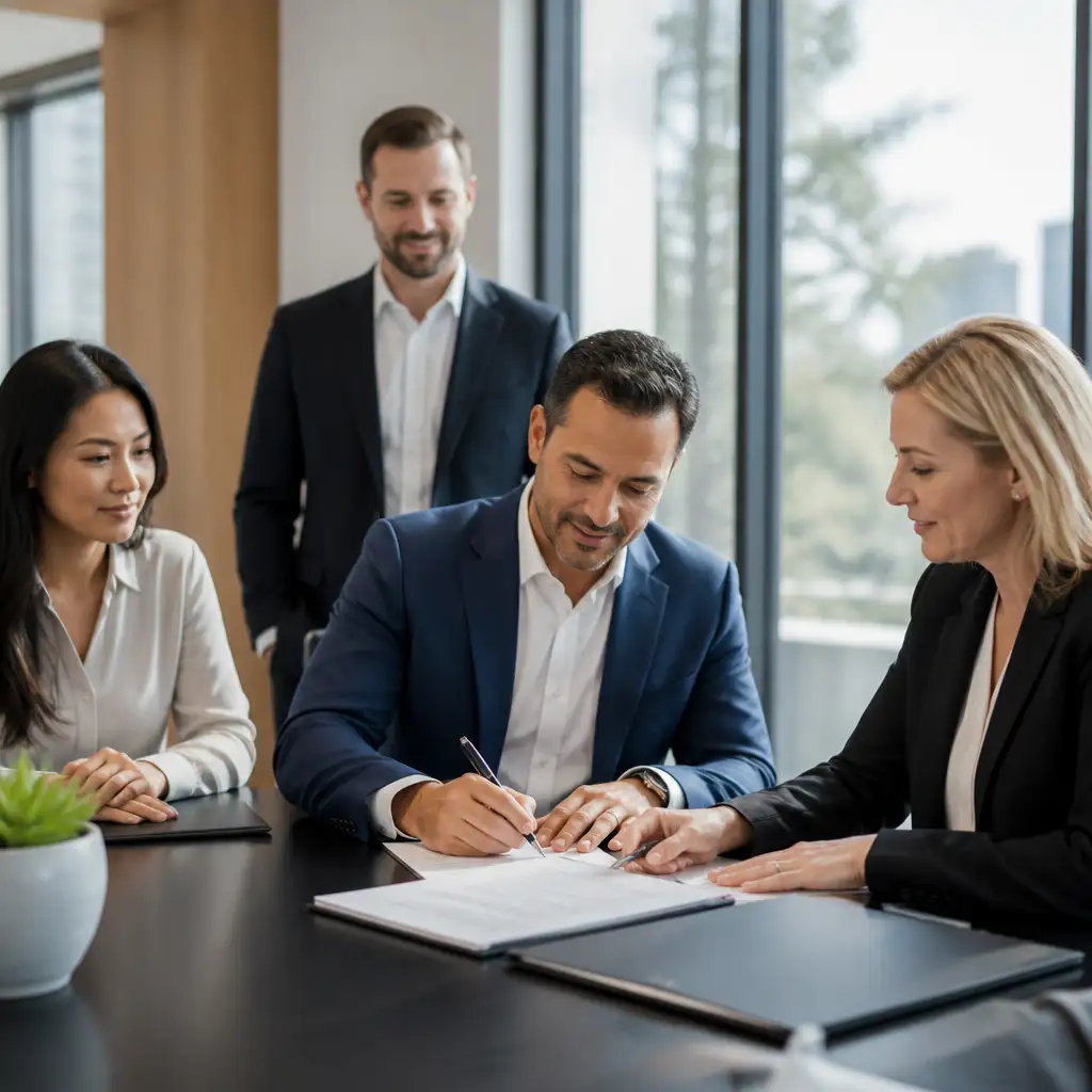 Man in suit signing document while colleagues watch at table