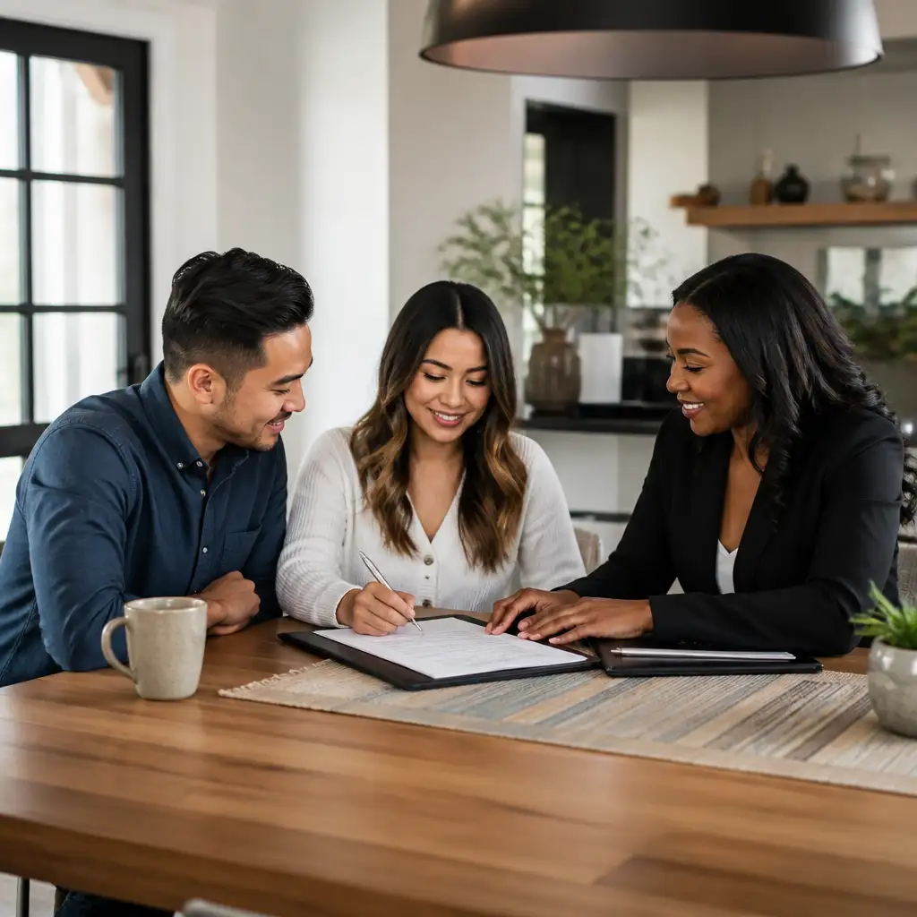 Couple signing documents with a professional woman at table