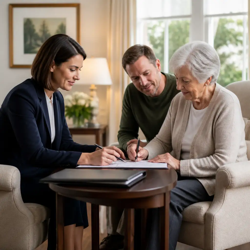 Three people seated signing documents at a small table
