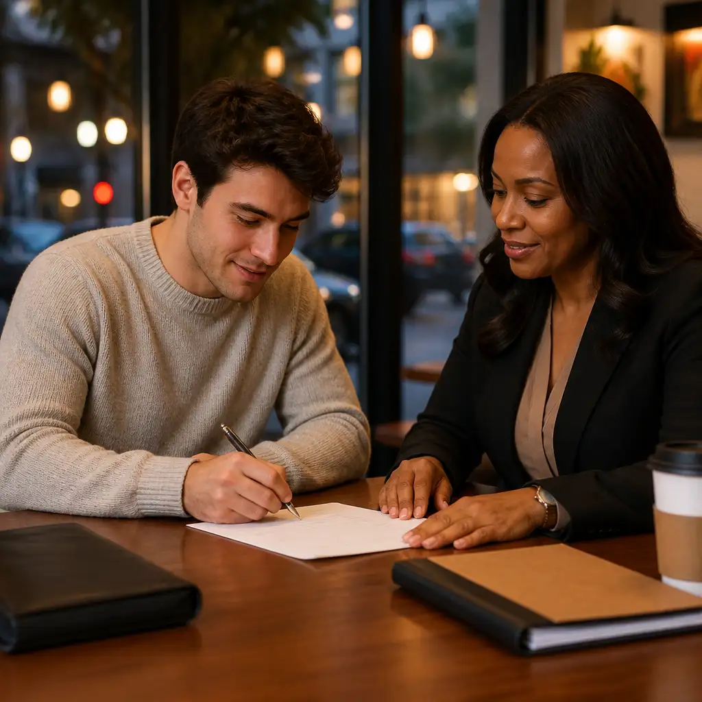 Man signing paperwork beside woman in cozy coffee shop