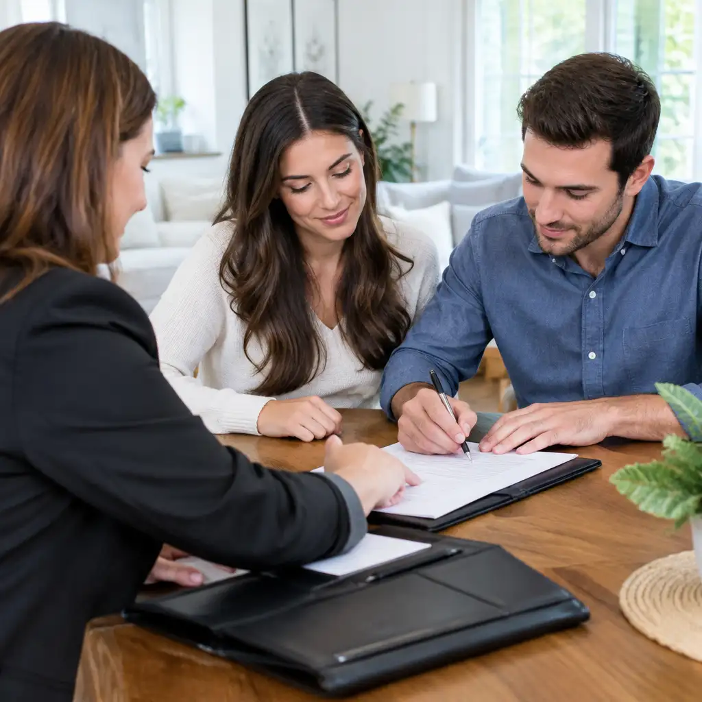 Three adults seated at a table signing paperwork