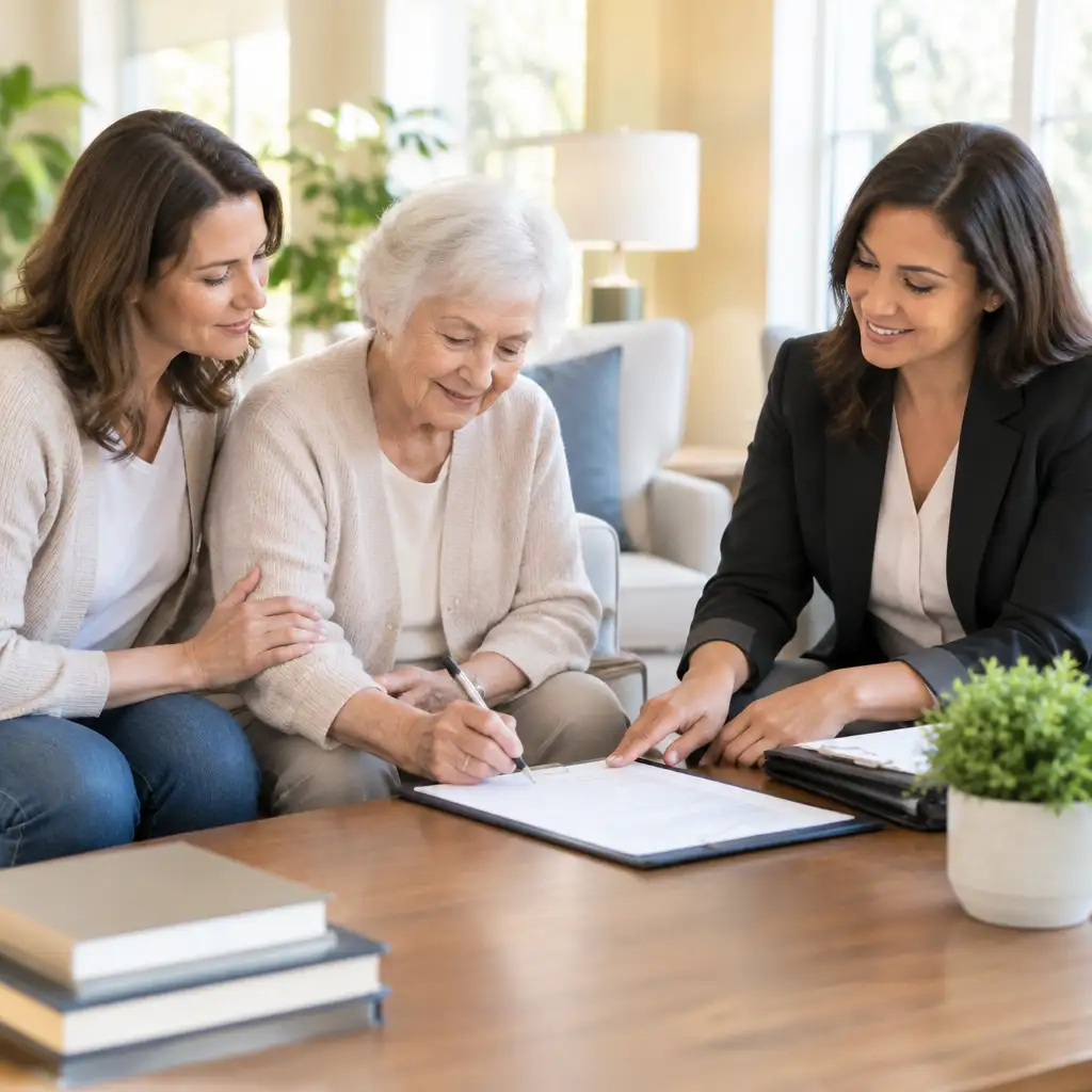 Elderly woman signing papers while two women assist