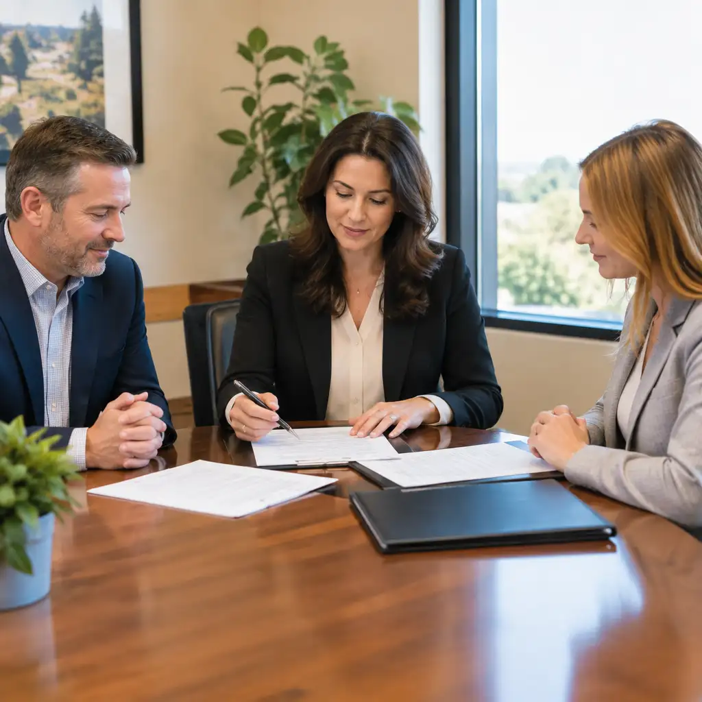 Three people at conference table signing and reviewing documents