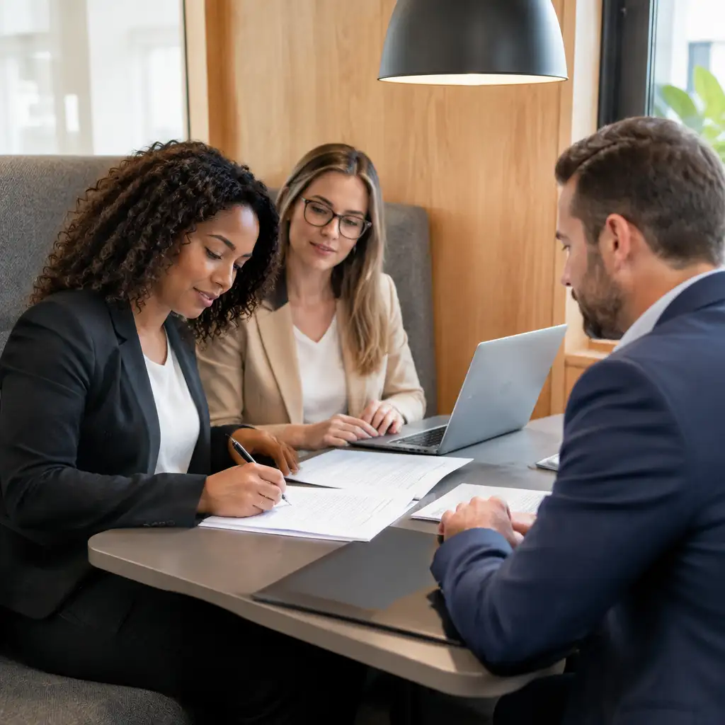 Three people at table signing documents with laptop