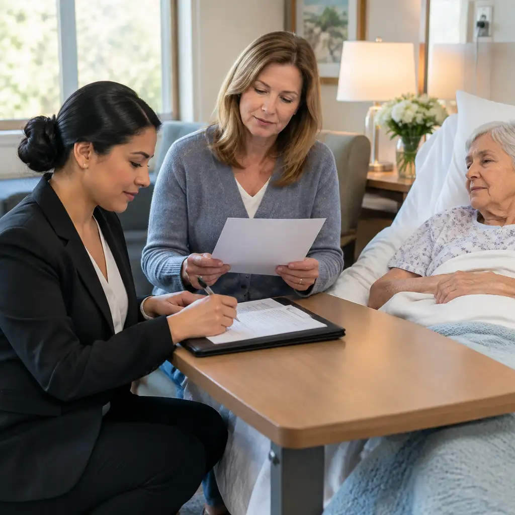 Woman signing documents at bedside while two women watch