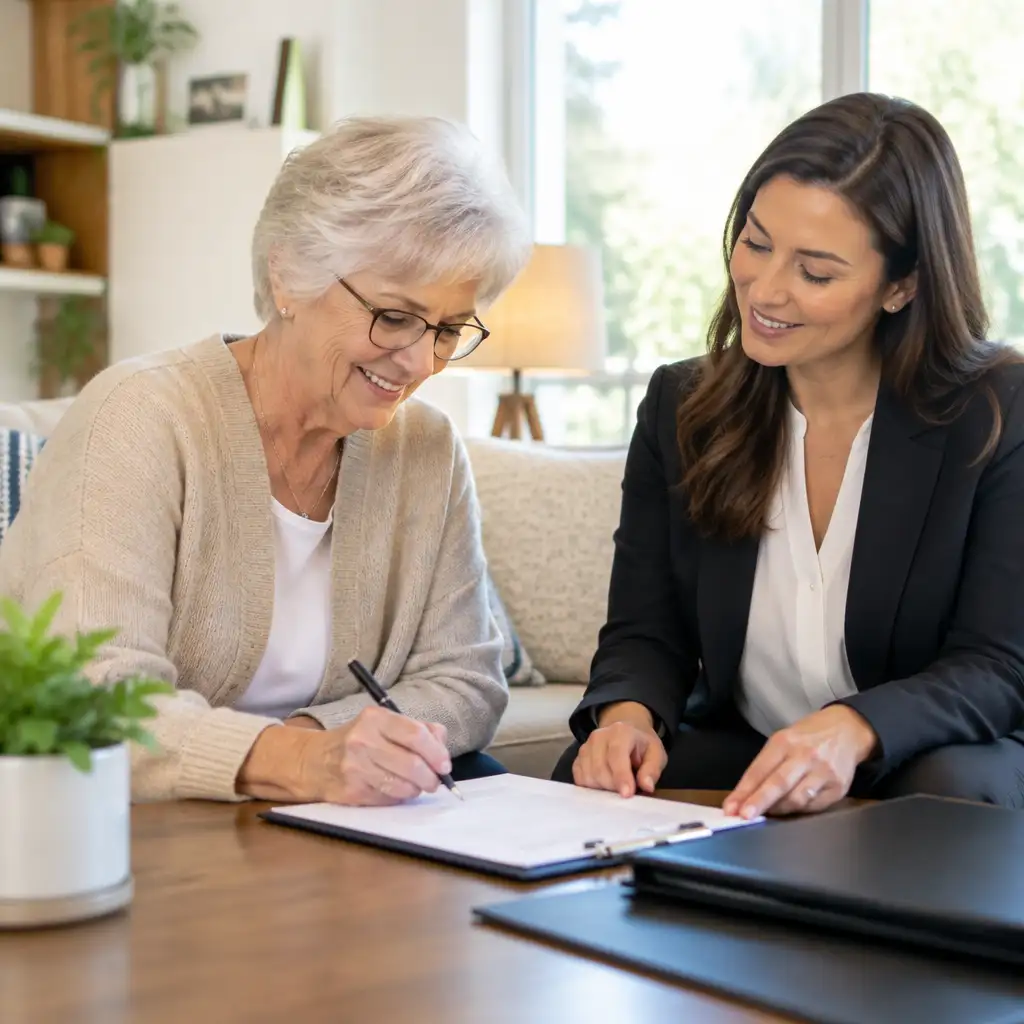Elderly woman signing a document while professional woman smiles