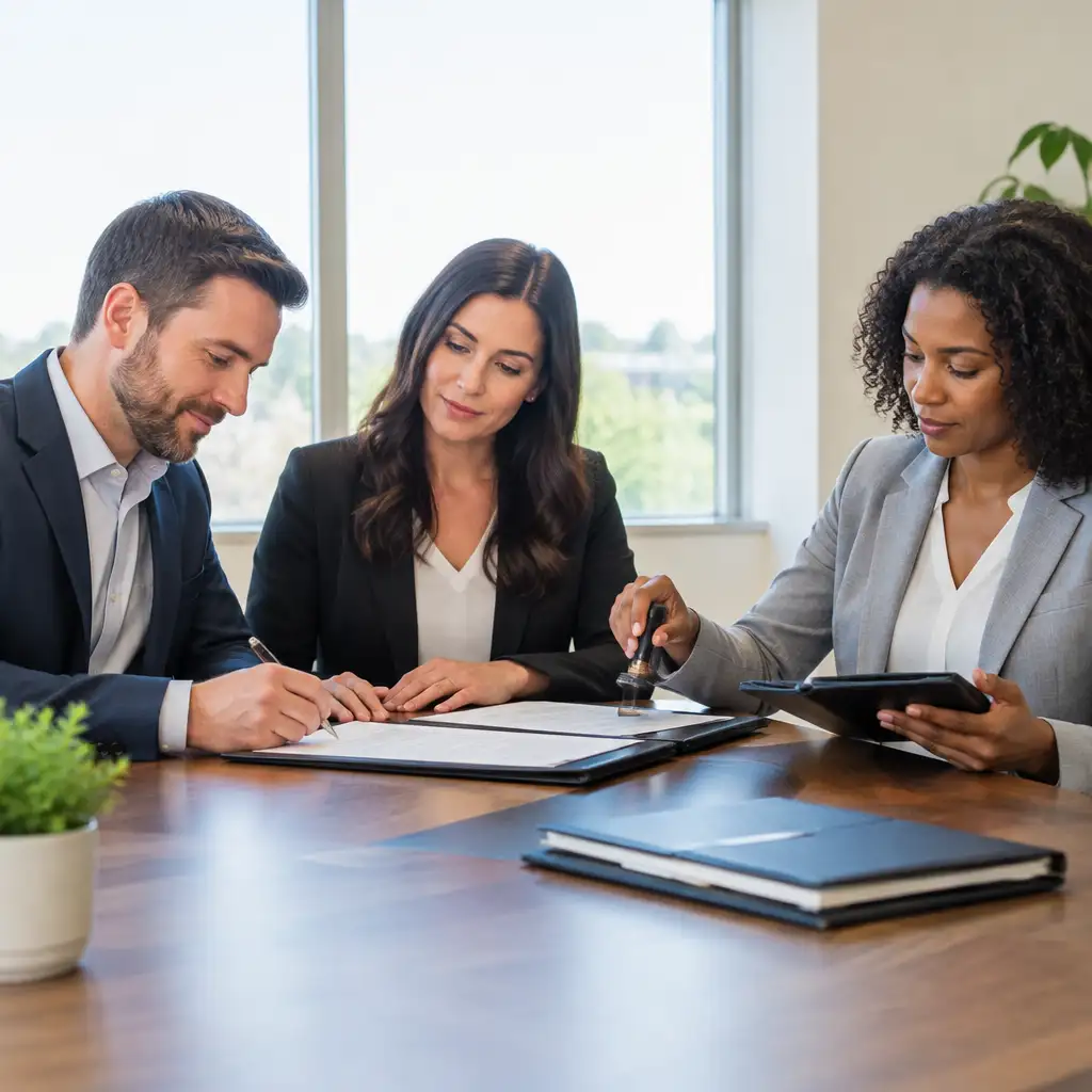 Three people at table, man signing, woman stamping documents