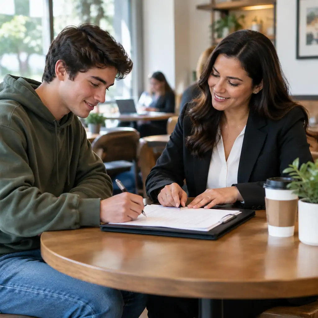 Student signing document while woman in blazer points at paper