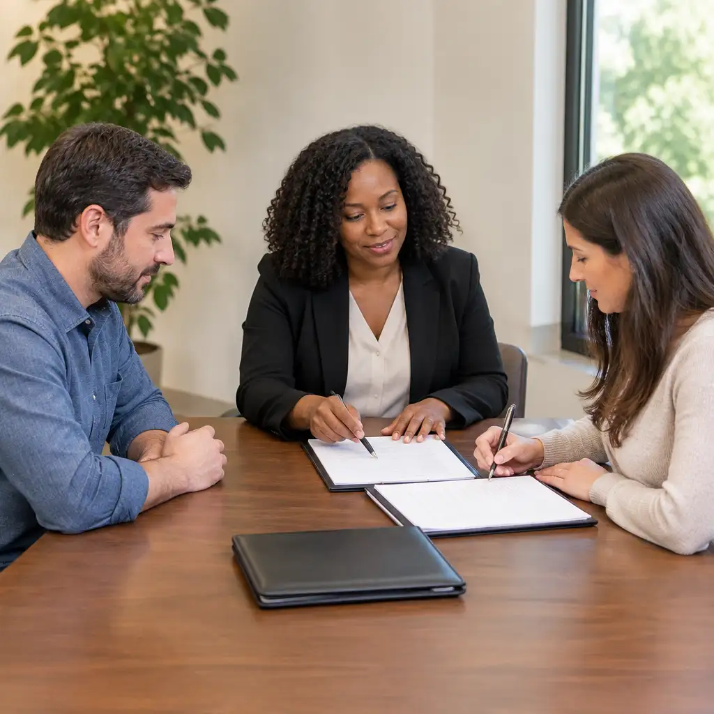 Three people seated at table signing documents in office
