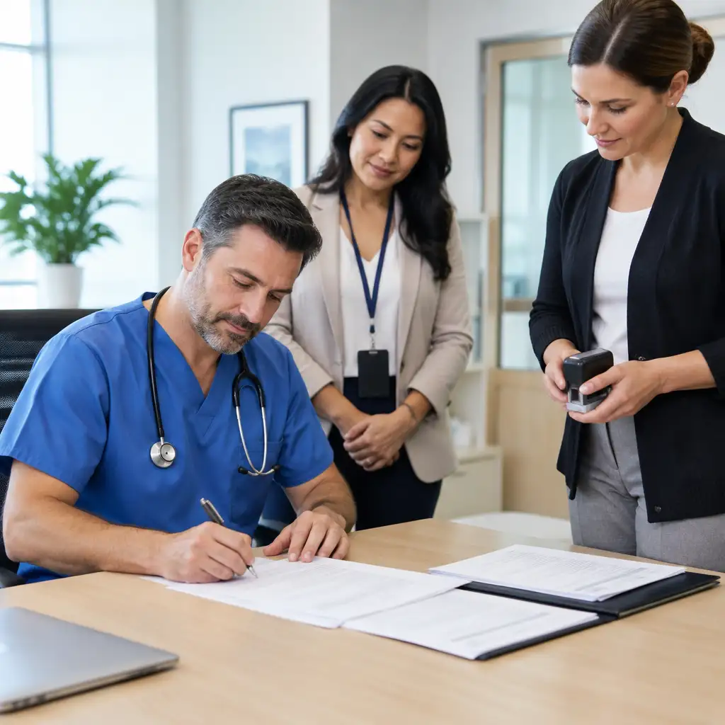 Doctor signing documents while two colleagues watch one holding stamp