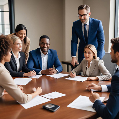 Professional team discussing documents in a conference room