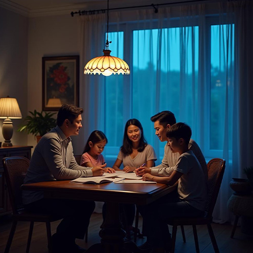 family is sitting around the table in the house