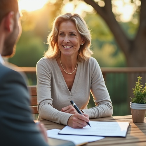 Smiling woman signing real estate paperwork outdoors at sunset