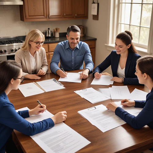 Professionals reviewing legal documents around a wooden table