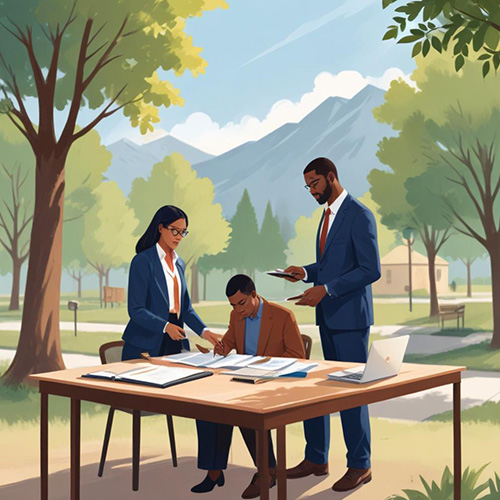 Professionals signing documents outdoors with mountains and trees in background.