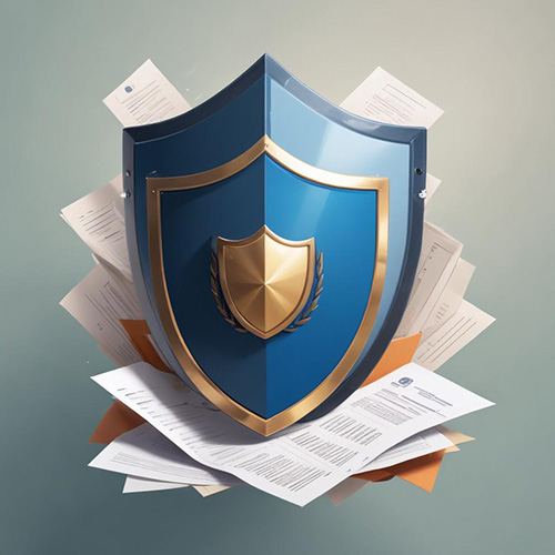 Shield symbolizing document security surrounded by important legal papers.