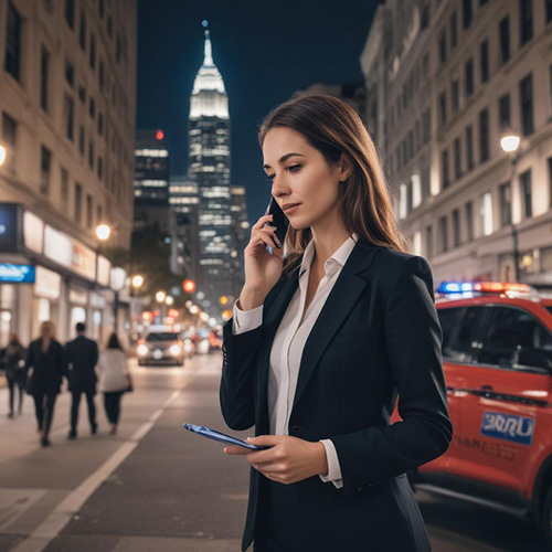 Businesswoman on phone in city at night with skyscraper
