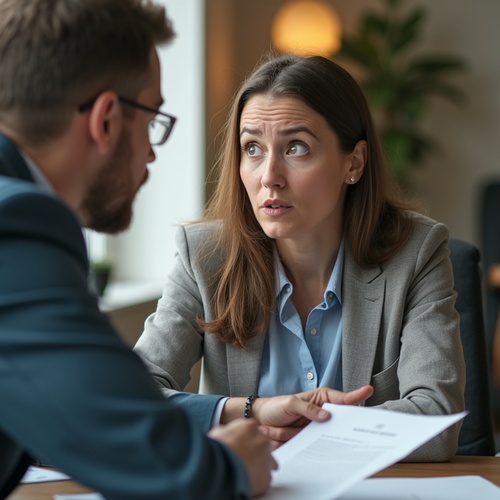 Client and notary reviewing documents urgently in office