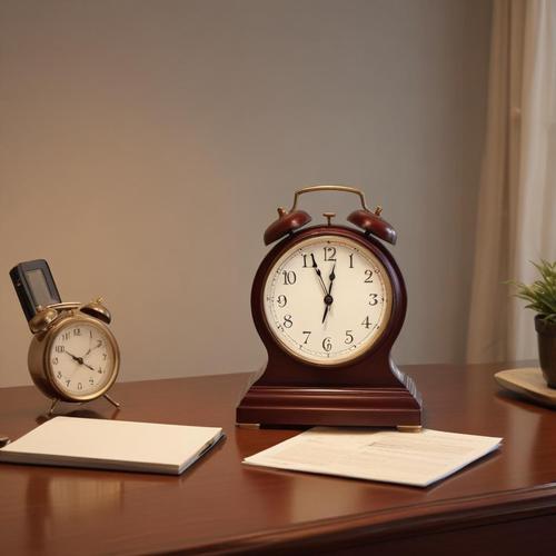 Two clocks and paperwork on wooden desk