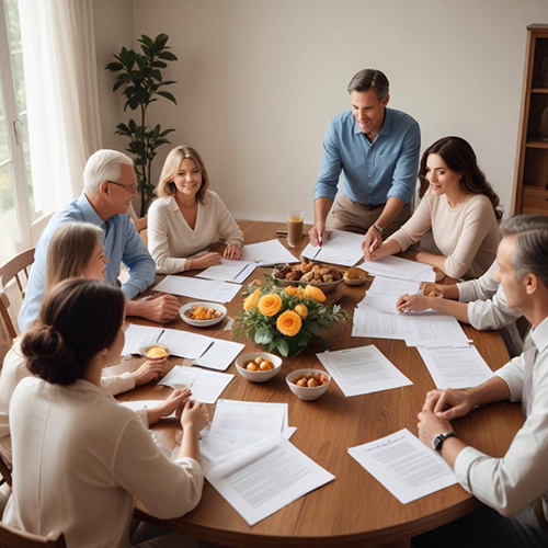 Family gathered around a table reviewing and signing estate planning documents.