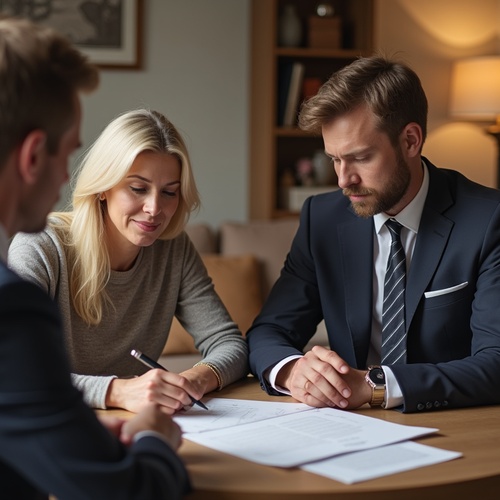 Couple signing power of attorney paperwork at home office