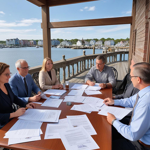 Professionals discussing documents outdoors by waterfront