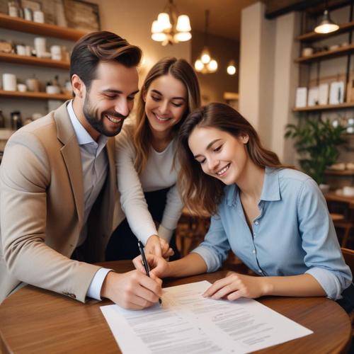 Couple signing paperwork in cozy cafe