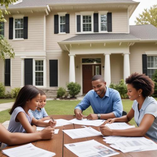 Family signing documents outside new home