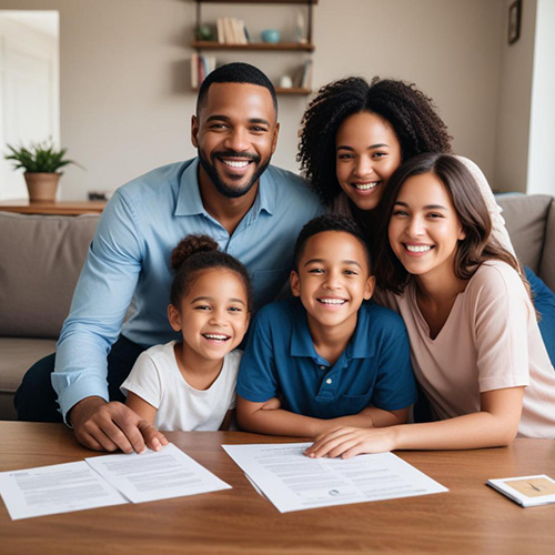 Smiling family reviewing documents in cozy living room