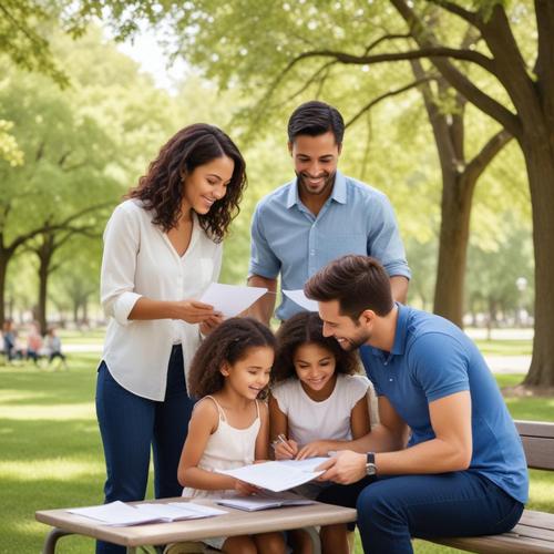 Family filling out documents together at park bench
