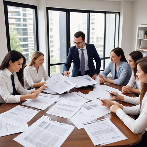Business team reviewing real estate documents in a modern office setting