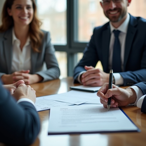 Businessperson signing documents at conference table with colleagues