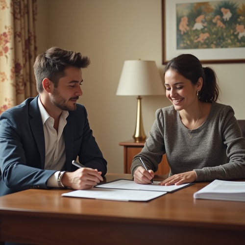 Notary witnessing a client signing documents at wooden desk