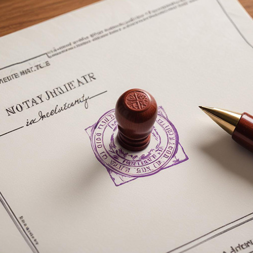 Close-up of a notary stamp on a legal document with a pen