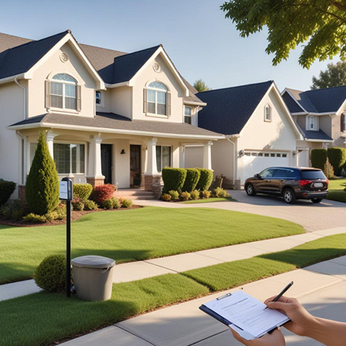 Suburban home with notary completing real estate documents