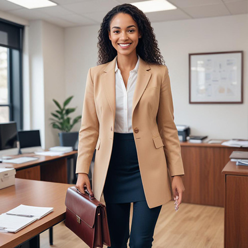 Girl carry a bad and standing in the office and smiling