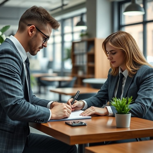 Two professionals signing documents at modern office table