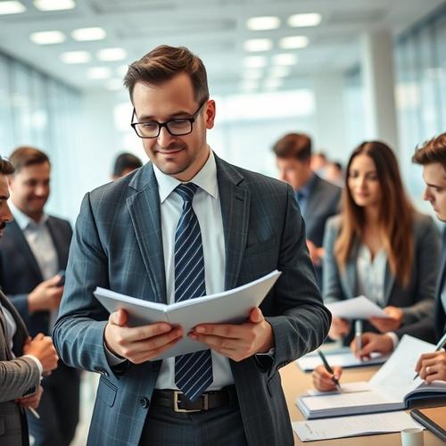 Business professionals reviewing corporate documents in office