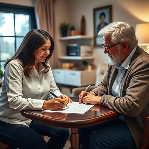 Woman assisting senior with legal documents