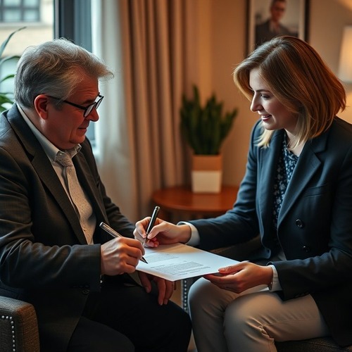 Notary guiding client signing power of attorney and will documents