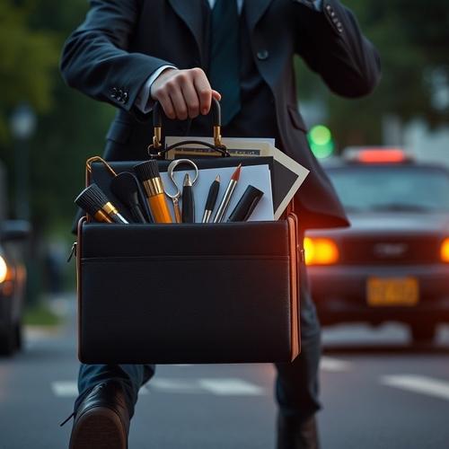 Businessman rushing with briefcase full of documents
