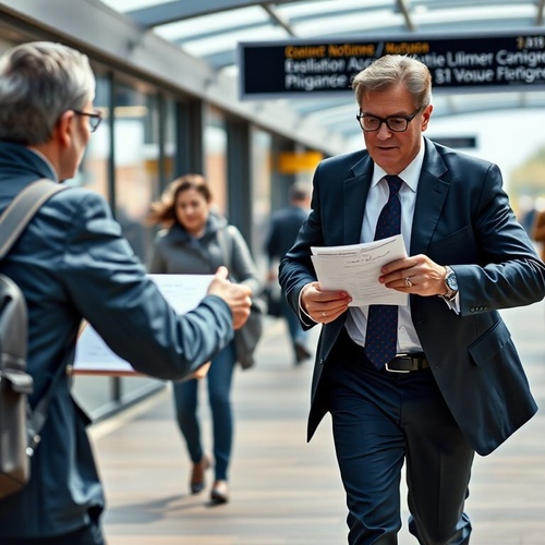 Businessman reviewing urgent paperwork while walking through station corridor