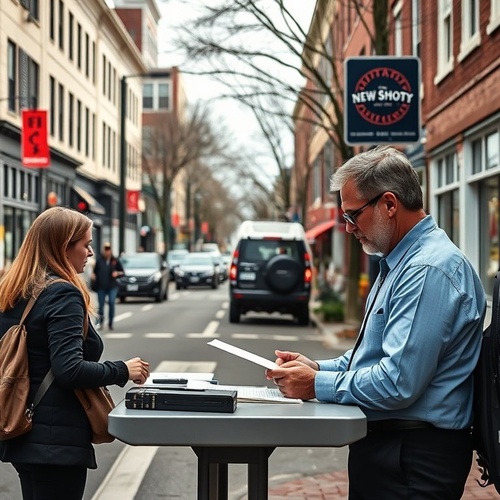 Notary and client reviewing documents at outdoor city table