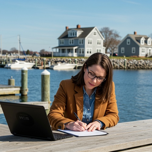 Woman completing paperwork near waterfront homes