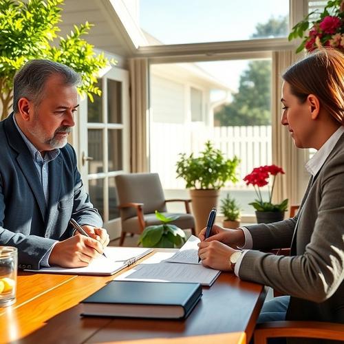 Professionals signing real estate documents in bright office