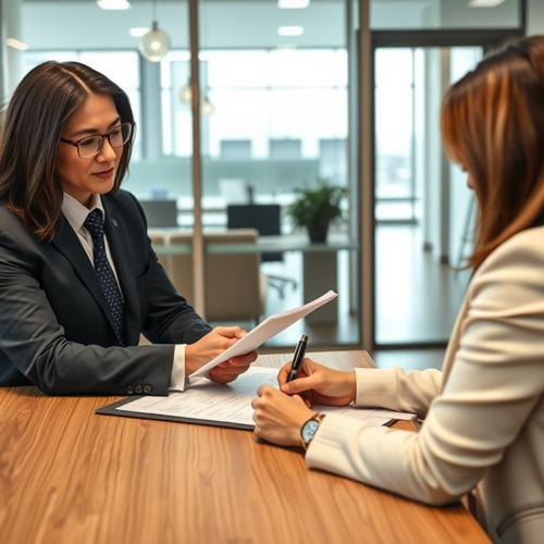 Businesswoman notarizing contract for client in office