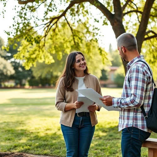 Smiling pair discussing paperwork together in sunny park setting