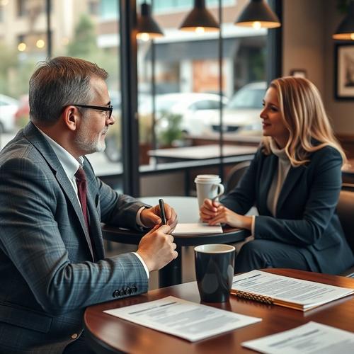 Two professionals discussing contract at a coffee meeting